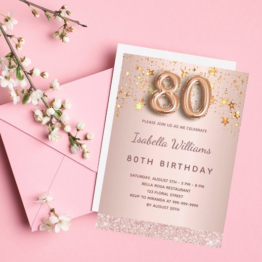 Invitation 80e anniversaire rose étoiles blush