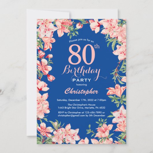 Invitation 80e anniversaire rose fleurs florales bleu (Devant)