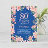 Invitation 80e anniversaire rose fleurs florales bleu (Debout devant)