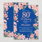 Invitation 80e anniversaire rose fleurs florales bleu (Devant / Derrière)