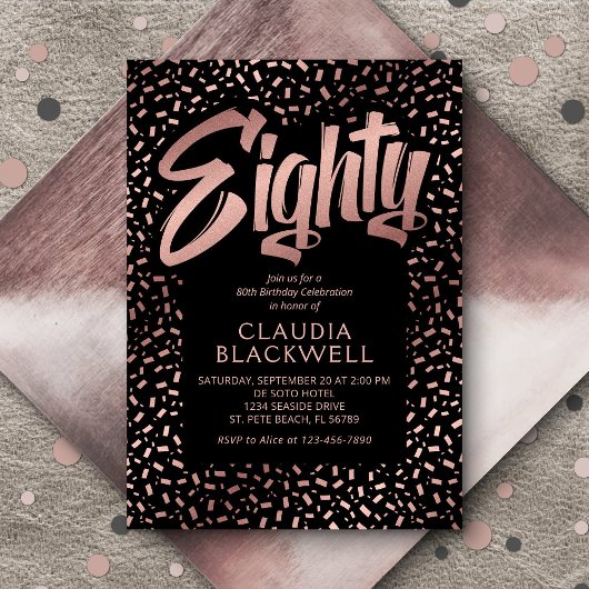 Invitation 80e anniversaire Rose Gold Confetti