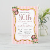 Invitation 80e Anniversaire Rose Pâle Rayure Floral Paillette (Debout devant)