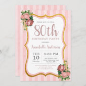 Invitation 80e Anniversaire Rose Pâle Rayure Floral Paillette (Devant / Derrière)