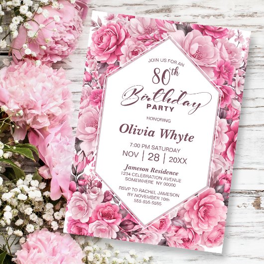 Invitation 80e anniversaire Rose Rose Floral Party