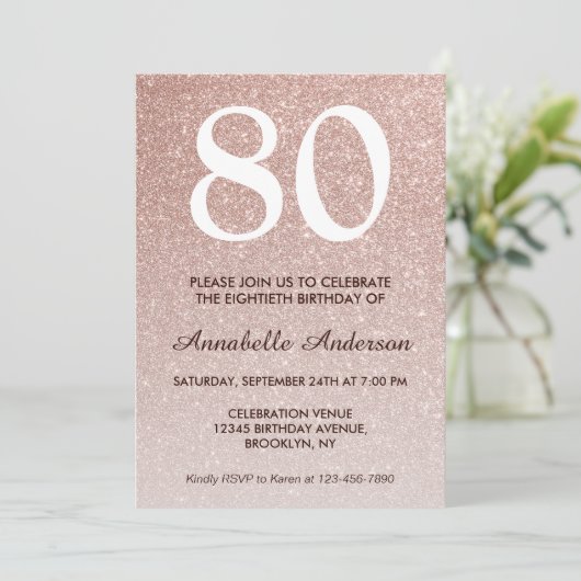 Invitation 80e anniversaire Rose Rose Parties scintillant or  (Debout devant)