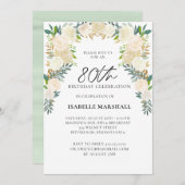 Invitation 80e anniversaire Roses blanches Floral Script Part (Devant / Derrière)