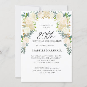 Invitation 80e anniversaire Roses blanches Floral Script Part
