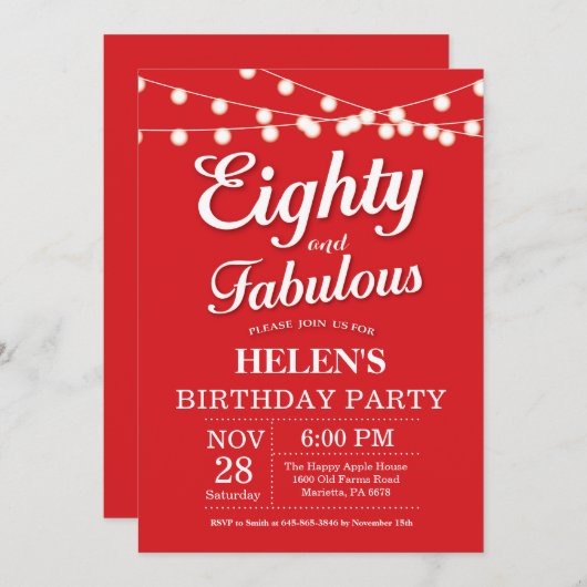 Invitation 80e Anniversaire Rouge Fabuleux (Devant / Derrière)