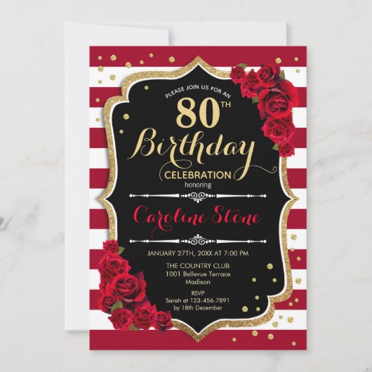 Invitation 80e anniversaire - Rouge or noir blanc rayures Ros (Devant)