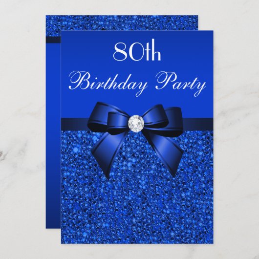 Invitation 80e anniversaire Royal Blue Sequins Bow and Diamon (Devant / Derrière)