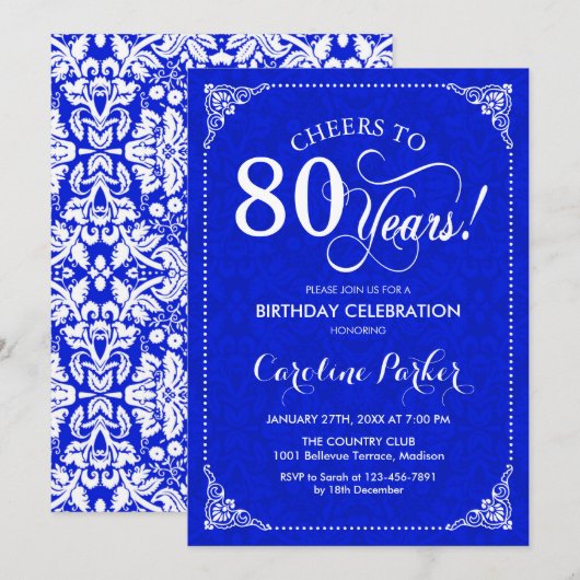 Invitation 80e anniversaire - Royal Blue White Damask (Devant / Derrière)
