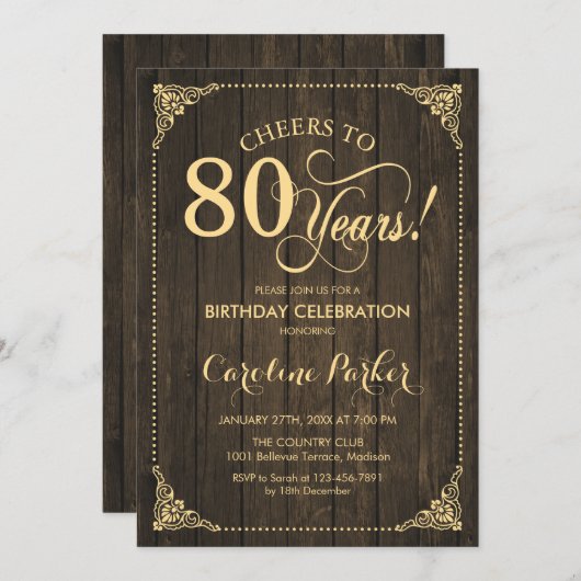 Invitation 80e anniversaire - Rustic Wood Gold (Devant / Derrière)