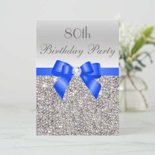 Invitation 80e anniversaire Séquin d'argent Royal Blue Bow Di (Debout devant)