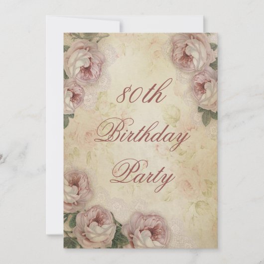 Invitation 80e anniversaire Shabby Chic Roses et dentelle (Devant)