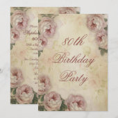 Invitation 80e anniversaire Shabby Chic Roses et dentelle (Devant / Derrière)