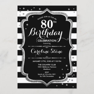 Invitation 80e anniversaire - Silver Black White Stripes