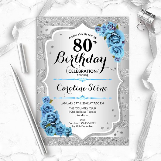 Invitation 80e anniversaire - Silver Stripes Turquoise Rose