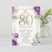 Invitation 80e Anniversaire Soirée Elegant Gold Purple Peony (Debout devant)