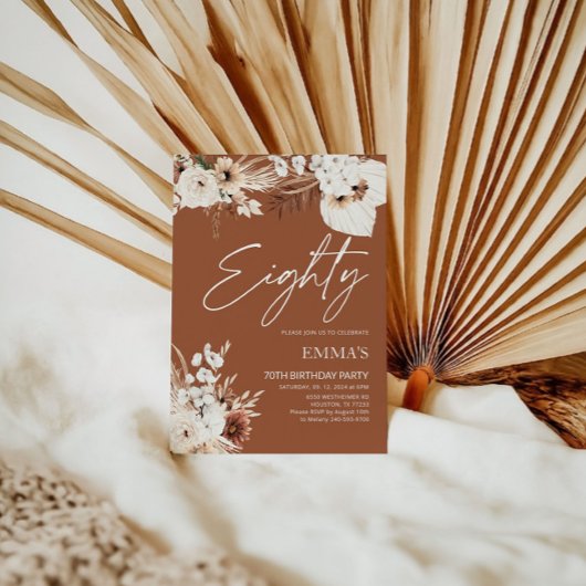 Invitation 80e anniversaire Terracotta Boho Pampas