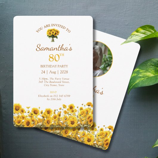 Invitation 80e anniversaire Tournesol Rustique photo florale