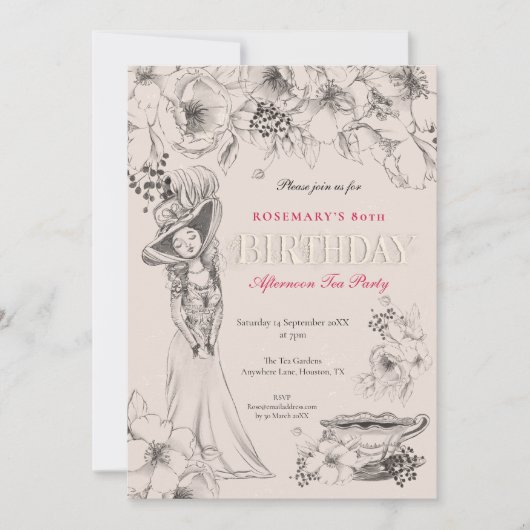 Invitation 80e anniversaire vintage fête Thé après-midi (Devant)
