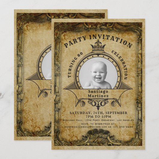 Invitation 80e anniversaire Vintage Retro Photo Surprise Part (Devant / Derrière)
