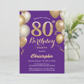 Invitation 80e anniversaire violet et ballons d'or Confetti (Debout devant)