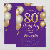 Invitation 80e anniversaire violet et ballons d'or Confetti (Devant / Derrière)