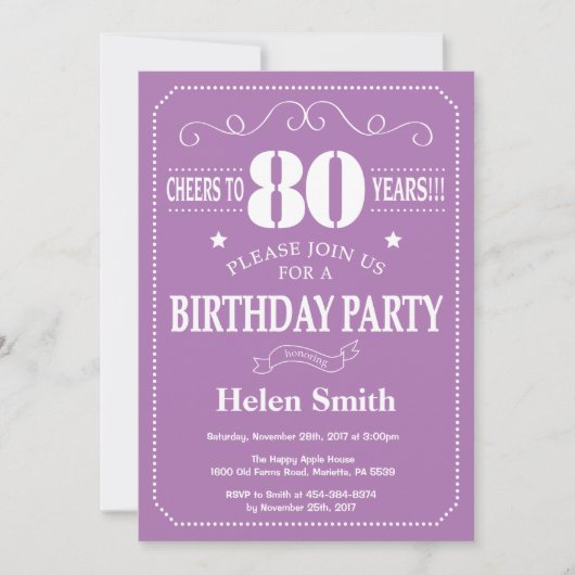 Invitation 80e anniversaire violet et blanc (Devant)