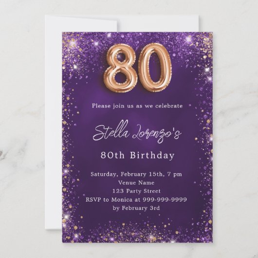 Invitation 80e anniversaire violet or rose violet (Devant)