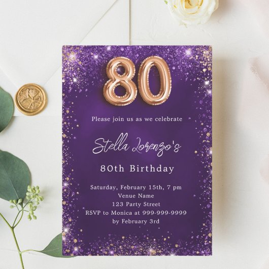 Invitation 80e anniversaire violet or rose violet