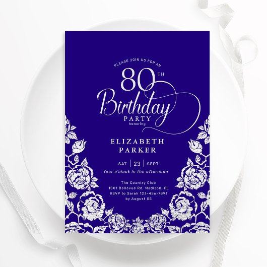 Invitation 80e anniversaire violet Roses d'argent