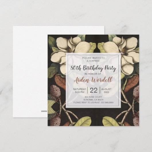 Invitation 80e anniversaire White Magnolias Surprise Party (Devant / Derrière)