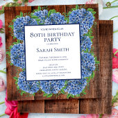 Invitation 80e anniversaire Wood Blue Hydrangeas Rustic Party