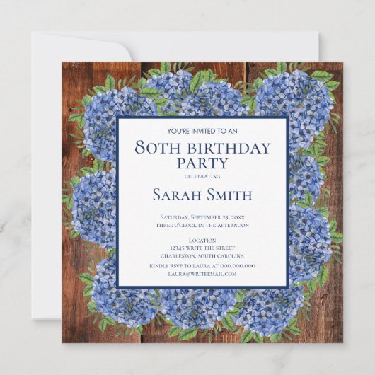Invitation 80e anniversaire Wood Blue Hydrangeas Rustic Party (Devant)