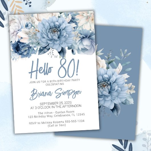 Invitation 80e fête d'anniversaire Dusty Blue Floral
