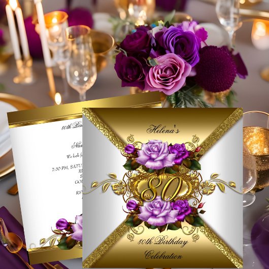 Invitation 80e fête d'anniversaire Elegant Purple Gold Roses 