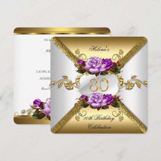 Invitation 80e fête d'anniversaire Elegant Purple Gold Roses  (Devant / Derrière)