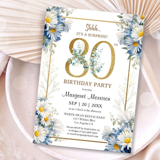 Invitation 80e fête d'anniversaire Gold Elegant Daisy Floral