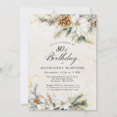 Invitation 80e fête d'anniversaire Hiver Blanc Floral vert (Devant)