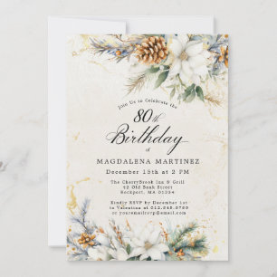 Invitation 80e fête d'anniversaire Hiver Blanc Floral vert