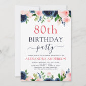 Invitation 80e fête d'anniversaire Marine bleu bleu rose flor (Devant)