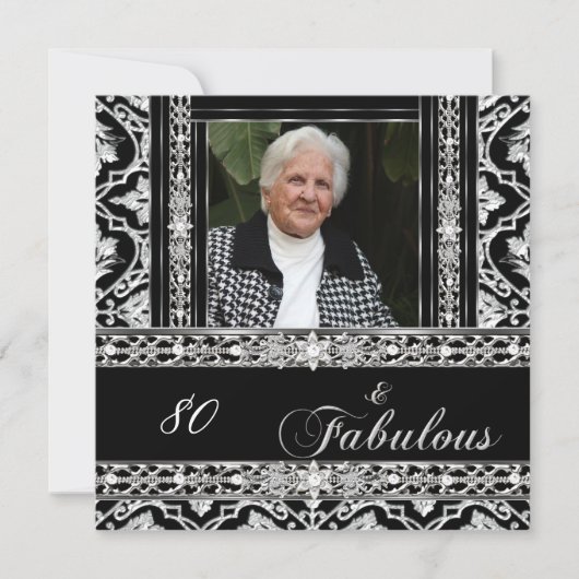 Invitation 80e fête d'anniversaire Noir Blanc Damas Diamond (Devant)