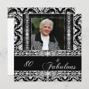 Invitation 80e fête d'anniversaire Noir Blanc Damas Diamond