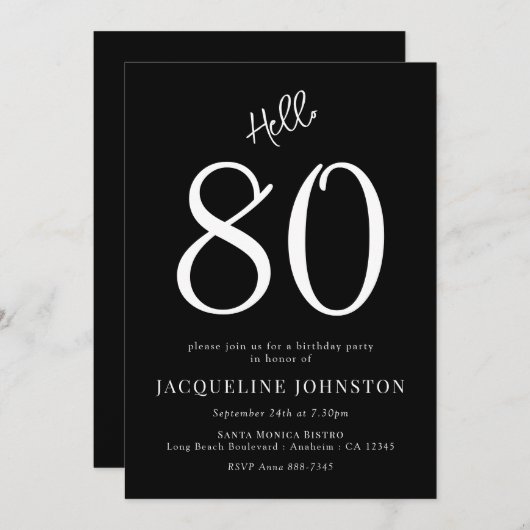 Invitation 80e fête d'anniversaire Noir et blanc (Devant / Derrière)