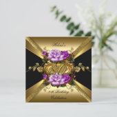 Invitation 80e fête d'anniversaire Purple Gold Roses Noir (Debout devant)