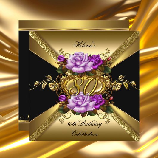 Invitation 80e fête d'anniversaire Purple Gold Roses Noir