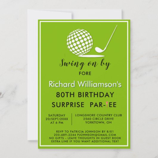 Invitation 80e Surprise Anniversaire Party Thème de golf masc (Devant)