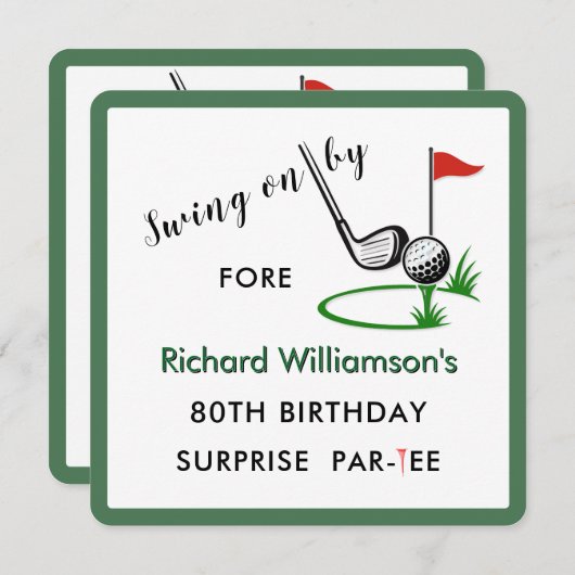 Invitation 80e Surprise Anniversaire Party Thème de golf masc (Devant / Derrière)