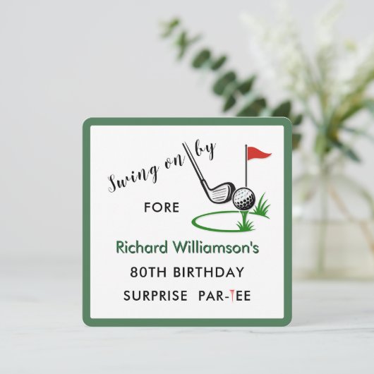Invitation 80e Surprise Anniversaire Party Thème de golf masc (Debout devant)